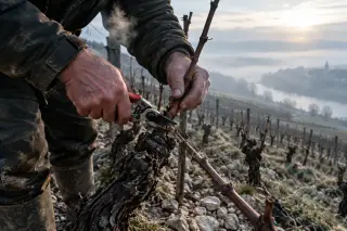 Hands of a vigneron pruning vines in winter on a steep slope at dawn, with textured soil and misty vineyard rows in the background.